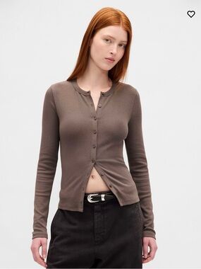 GAP Long-Sleeve Crewneck Cardigan Button Front Top - Toasted Almond Brown